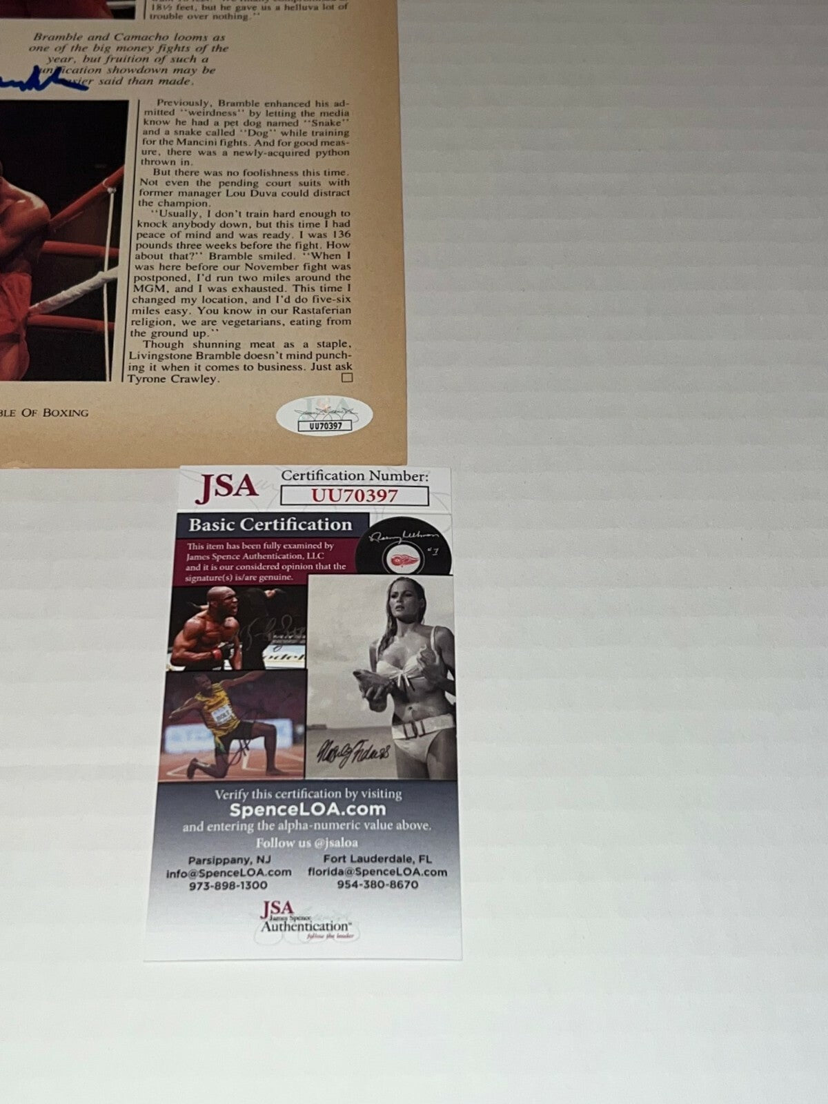 Livingstone Bramble signed Magazine Page Boxing Champ autographed JSA