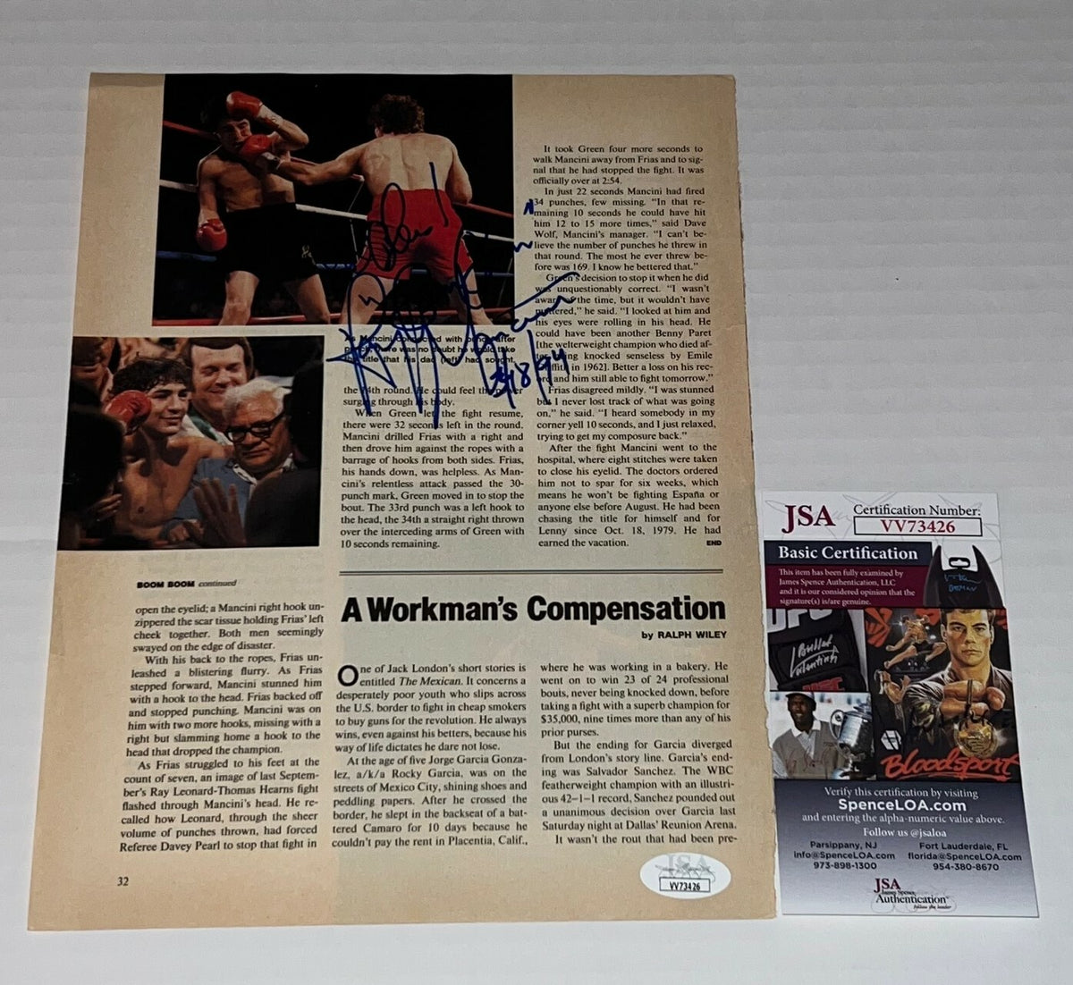 Ray Mancini Boom Boom signed Magazine Page Boxing Champ autographed 3 JSA