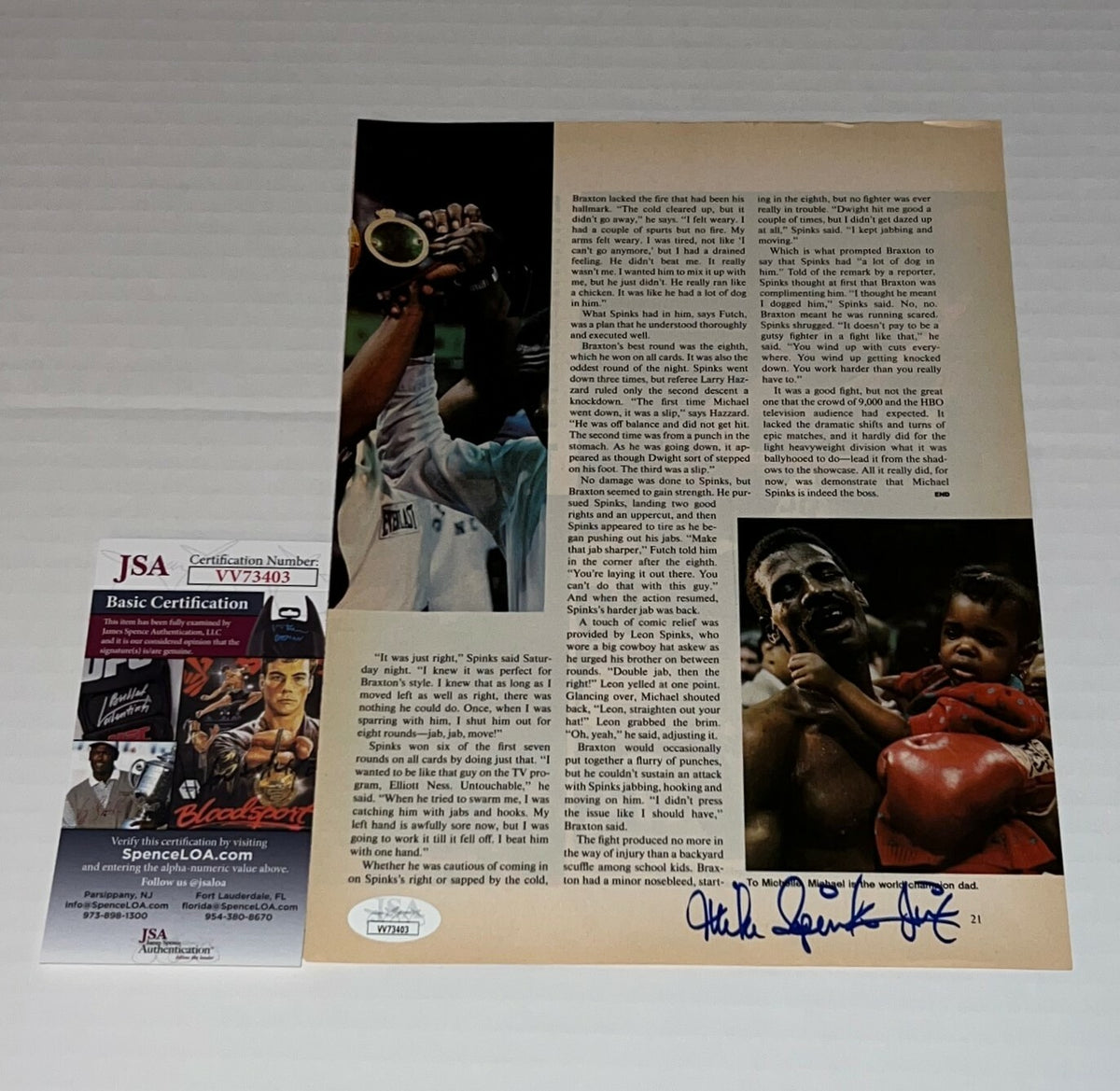 Michael Spinks Jinx signed Magazine Page Boxing Champ autographed 5 JSA