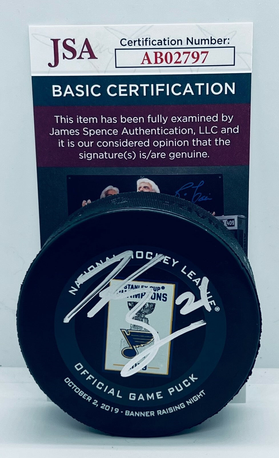 Tyler Bozak signed St. Louis Blues Stanley Cup Banner Raising Game Puck JSA