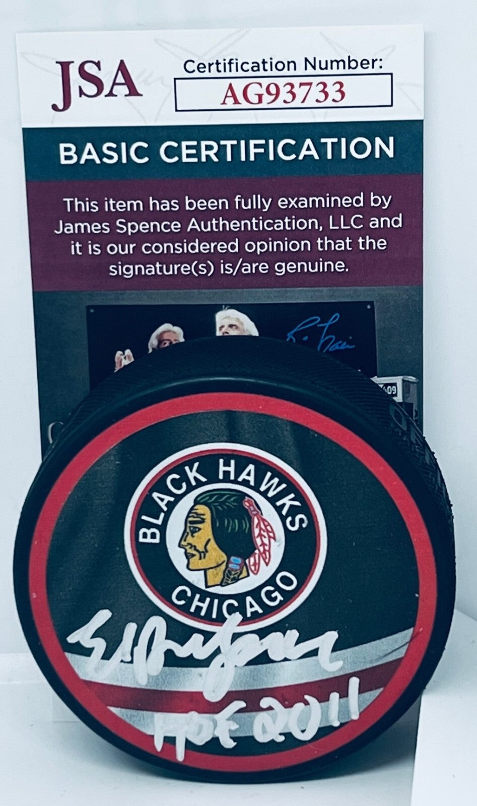 Ed Belfour signed Chicago Blackhawks Reverse Retro Puck autographed W/ HOF JSA