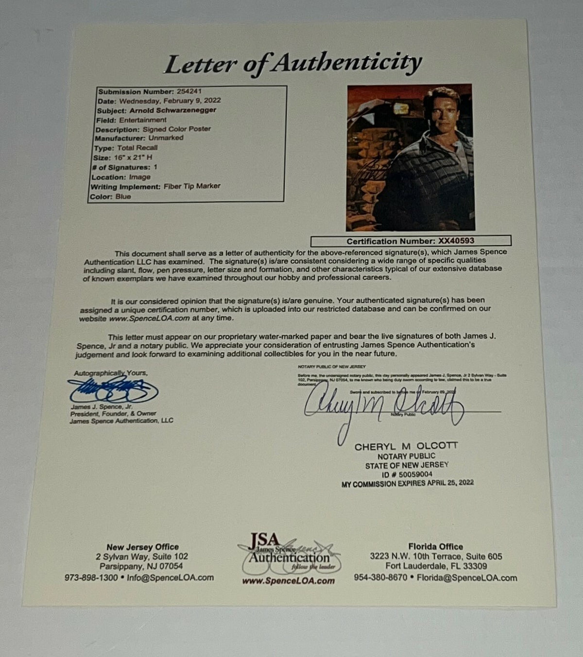 Arnold Schwarzenegger signed Framed Total Recall Poster JSA Full Letter COA