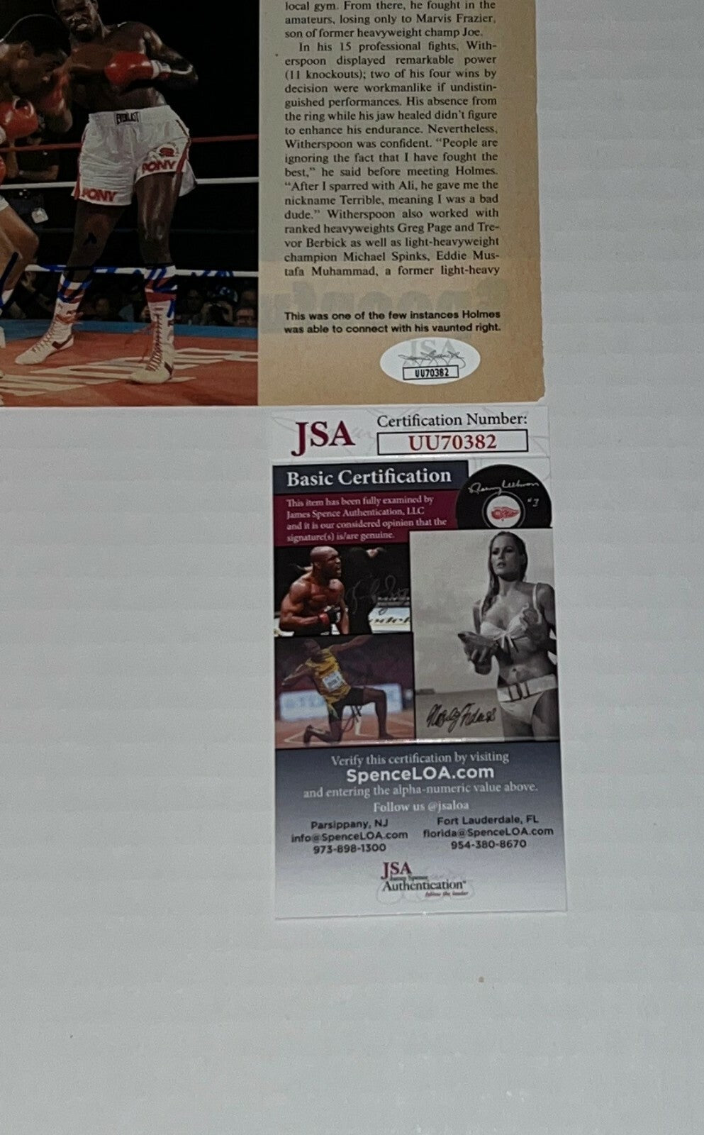 Terrible Tim Witherspoon signed Magazine Page Boxing Champ autographed 3 JSA