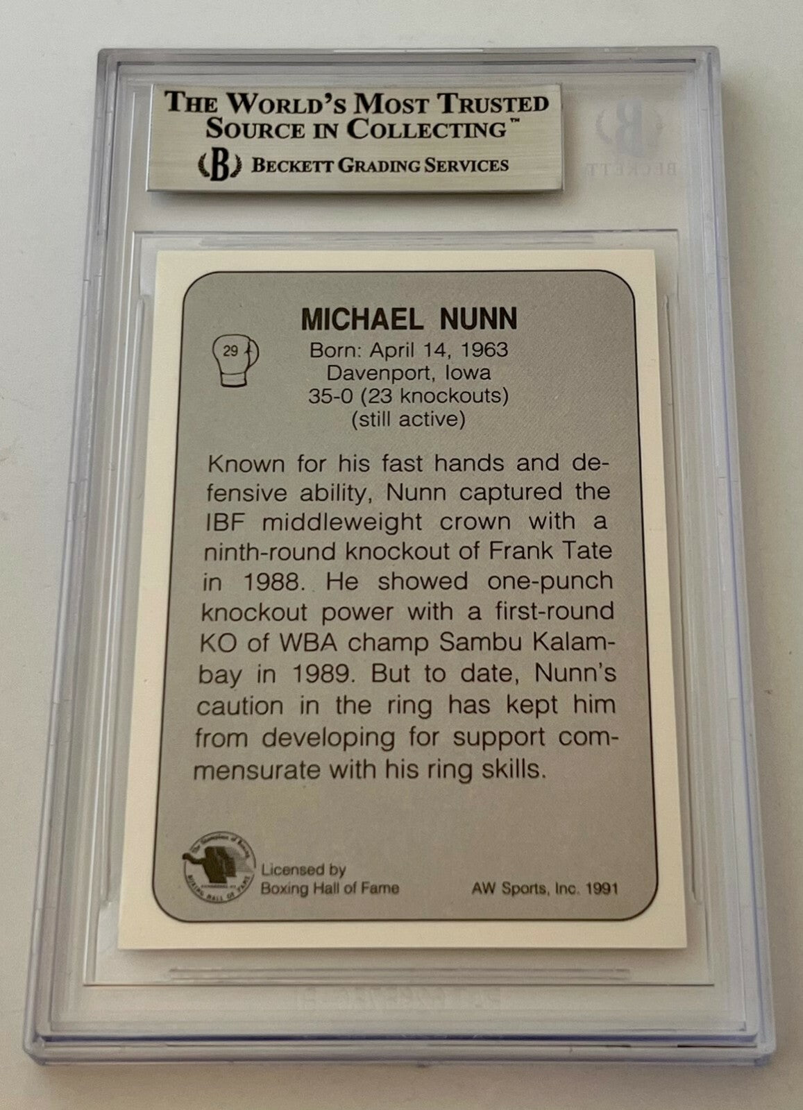 Michael Nunn Boxing signed 1991 All World #29 Card autographed Beckett Slabbed 2
