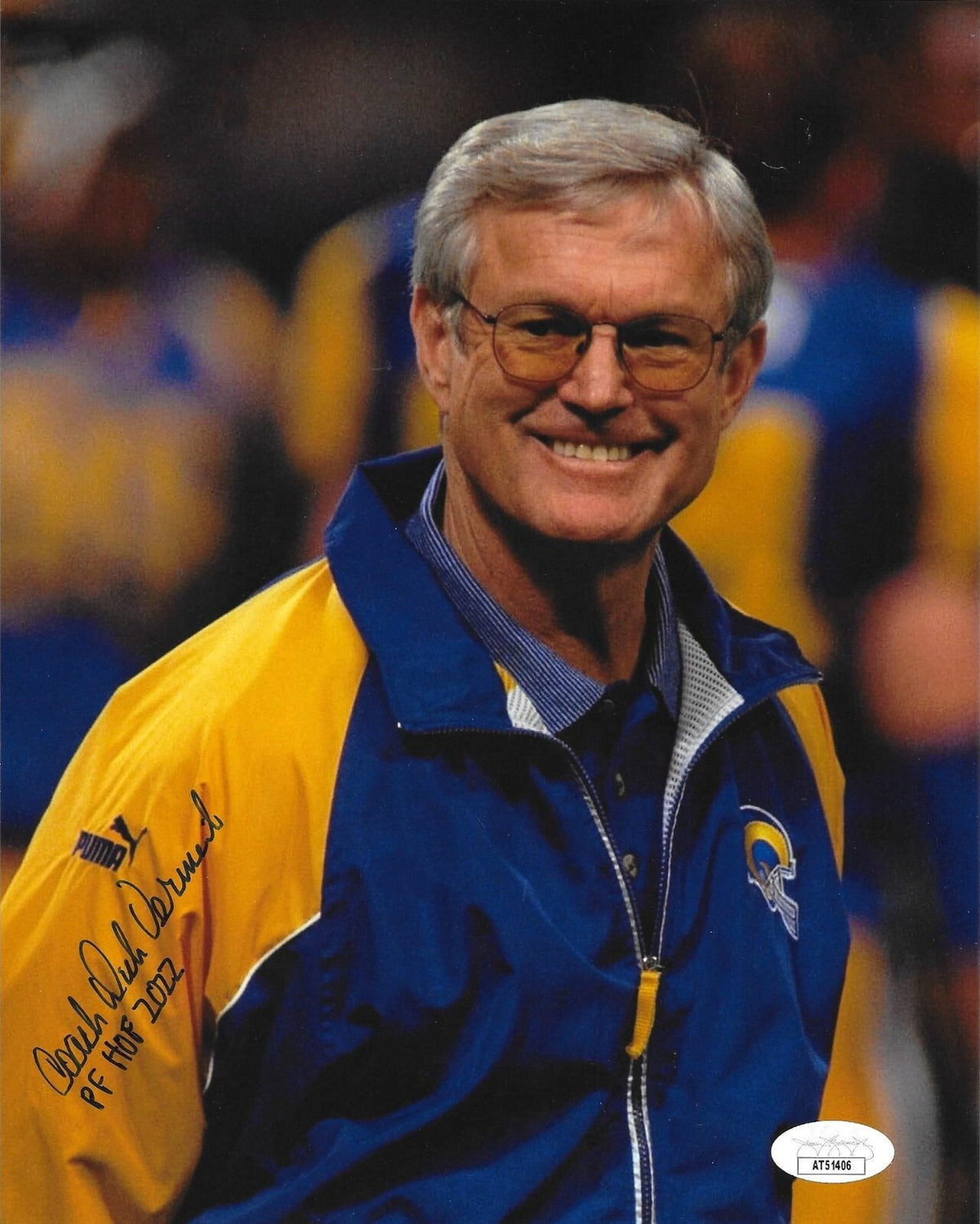 Dick Vermeil signed St. Louis Rams 8x10 photo W/ HOF Inscription #1 JSA