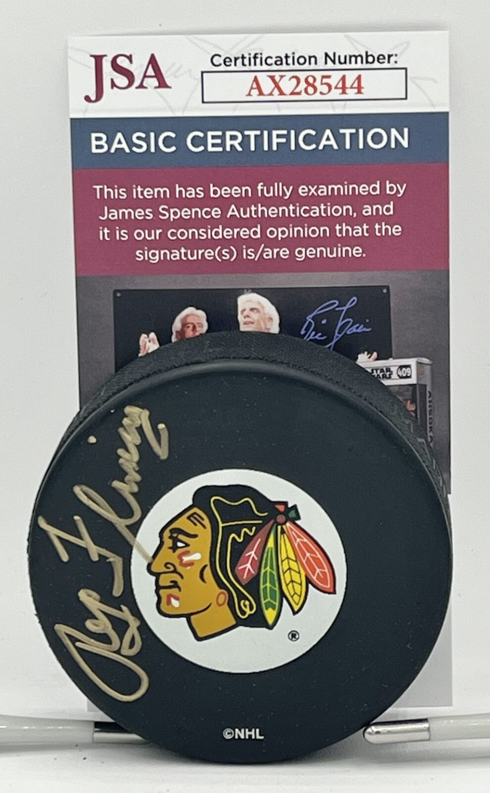 Reg Fleming signed Chicago Blackhawks Logo Puck autographed JSA