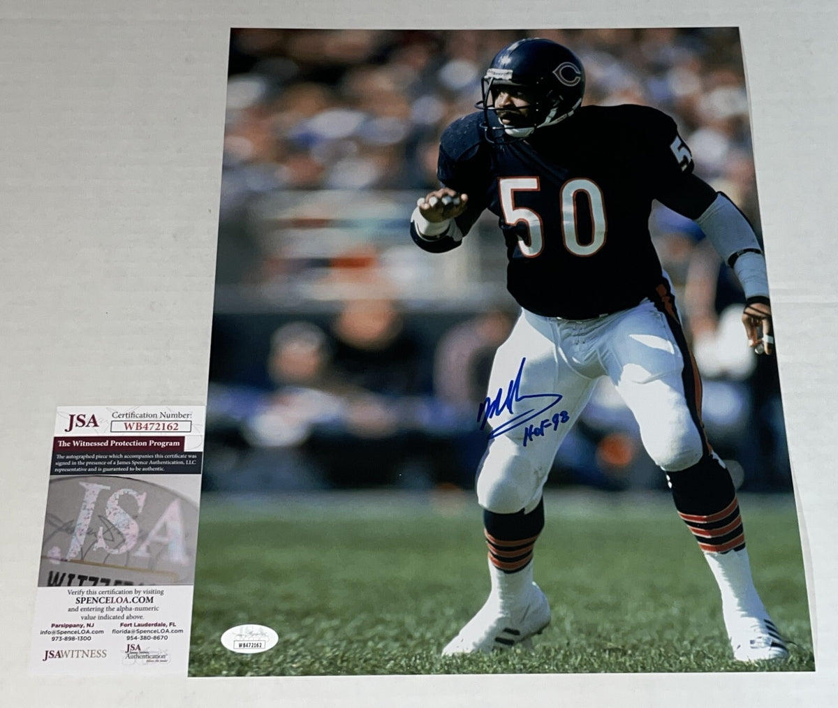 Mike Singletary signed Chicago Bears 11x14 photo W HOF Inscrip. #4 JSA Witnessed
