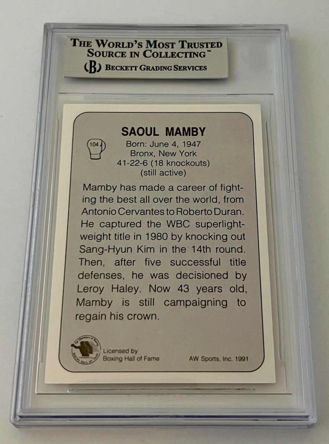 Saoul Mamby Boxing signed 1991 All World #104 Card autographed Beckett Slabbed 3