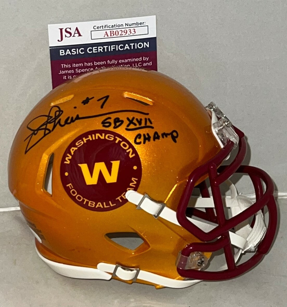 Joe Theismann Washington Redskins signed WFT Flash mini helmet W/ SB Champ JSA