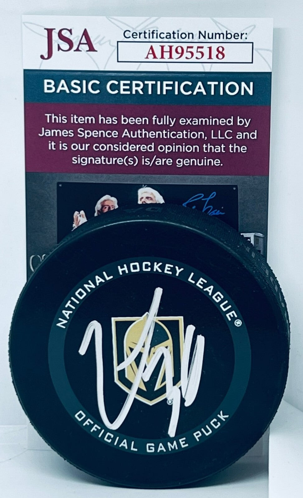 Logan Thompson signed Vegas Golden Knights Official Game Puck autographed JSA