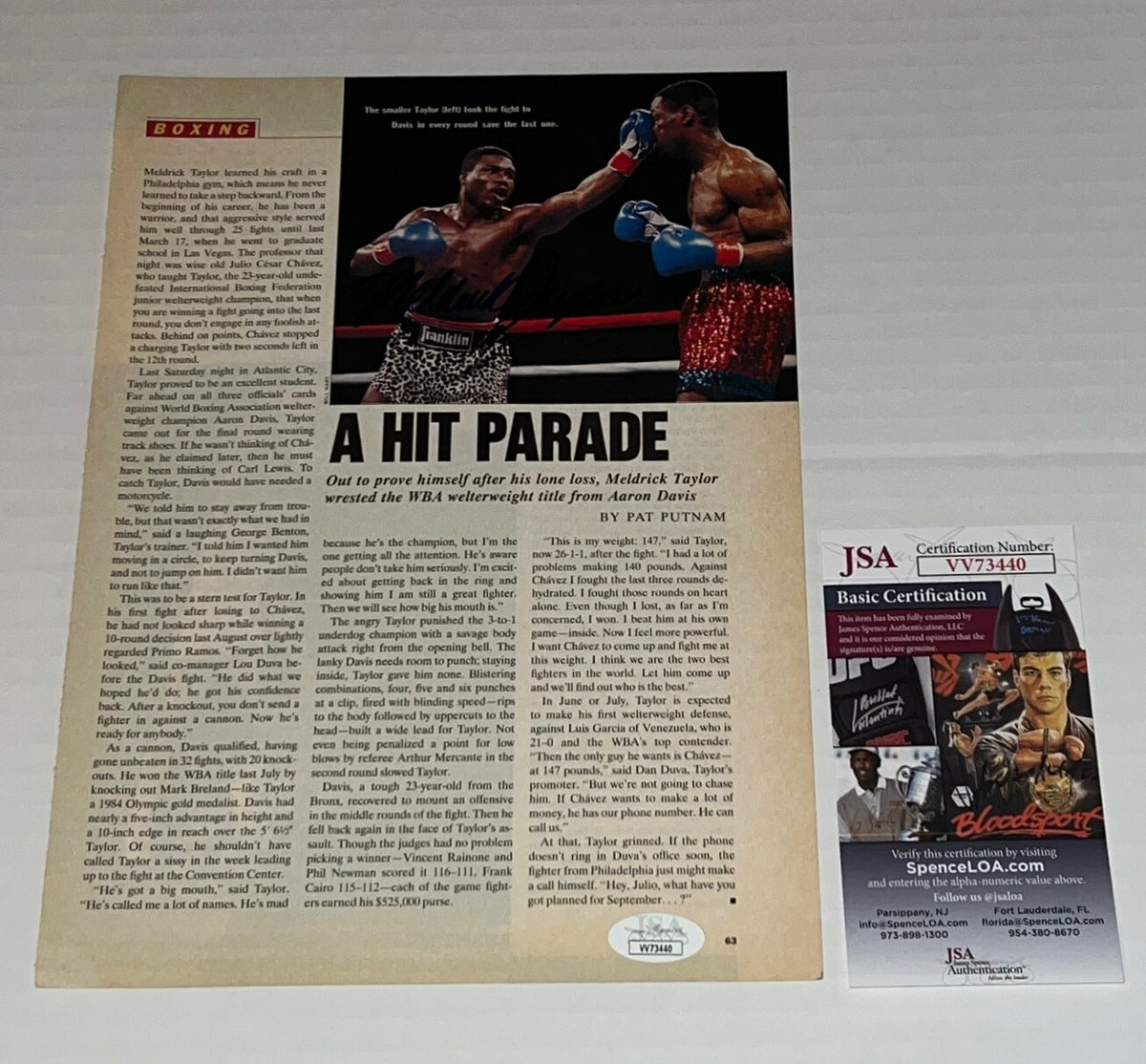 Meldrick Taylor signed Magazine Page Boxing Champ autographed JSA