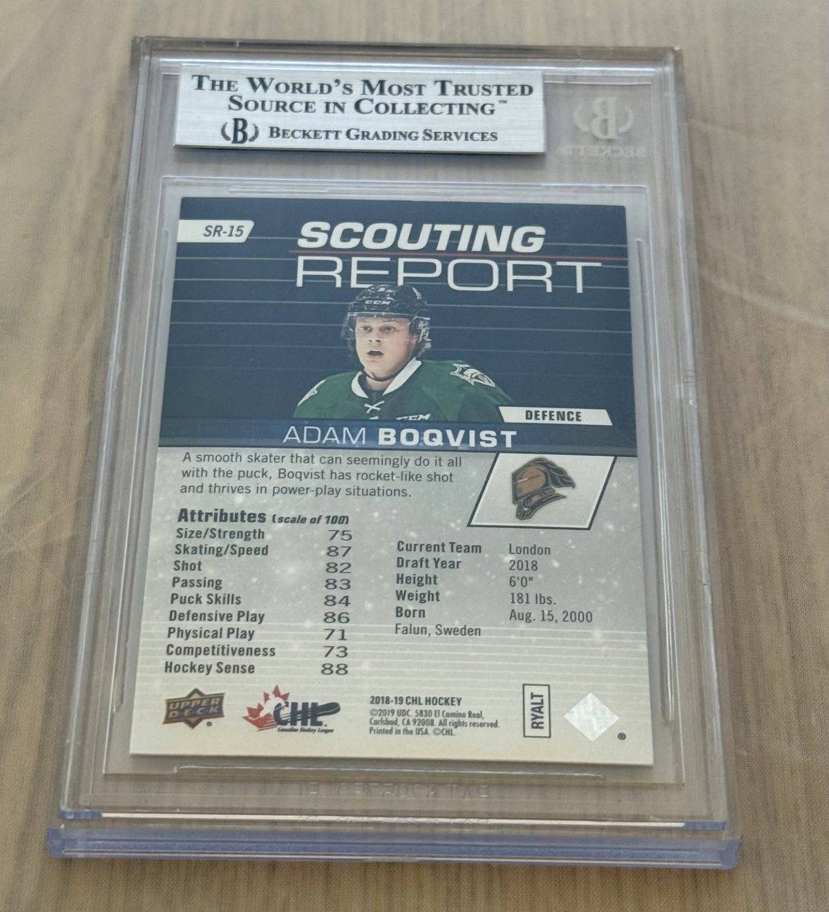 Adam Boqvist signed 2018-19 Upper Deck #SR15 Scouting Report Card Beckett