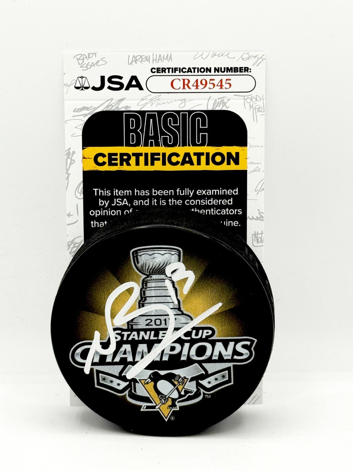 Nick Bonino signed Pittsburgh Penguins 2017 Stanley Cup Champs Puck JSA