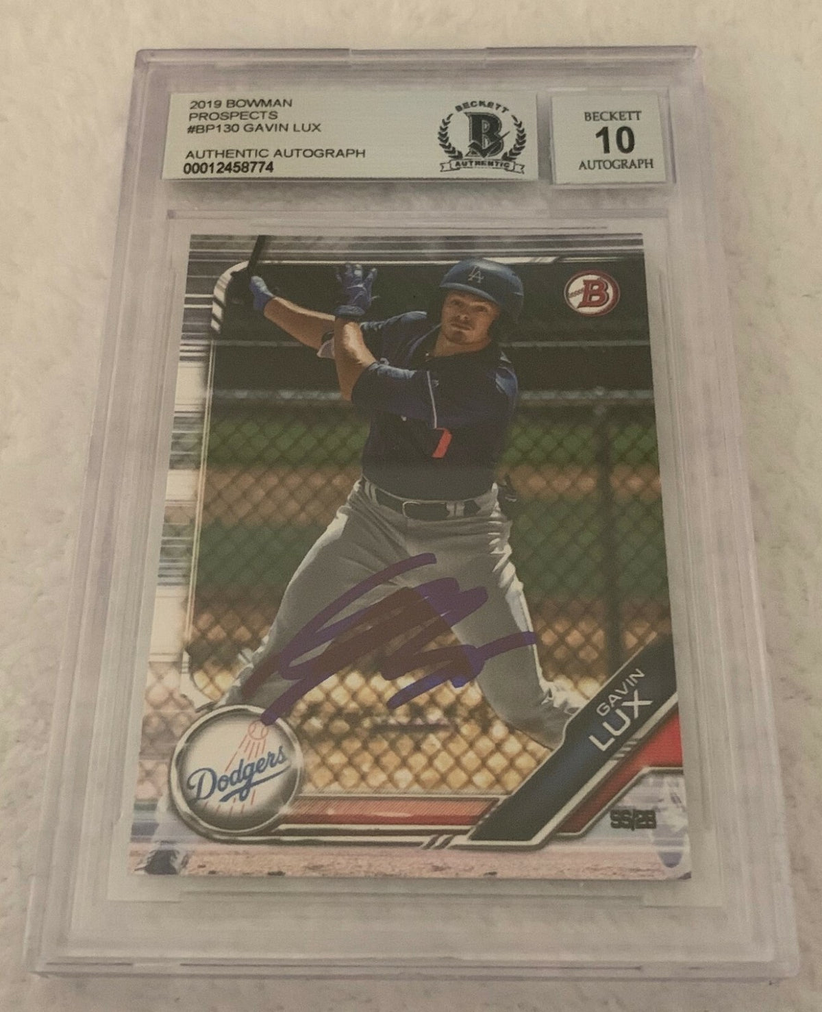 Gavin Lux LA Dodgers signed 2019 Bowman Prospects #130 Card Beckett BGS Auto 10