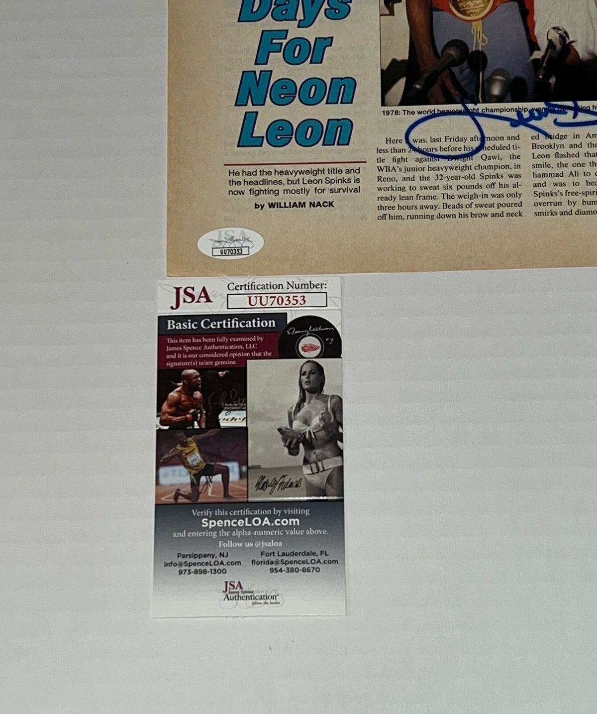 Leon Spinks signed Boxing Magazine Page Heavyweight Champ autographed 5 JSA