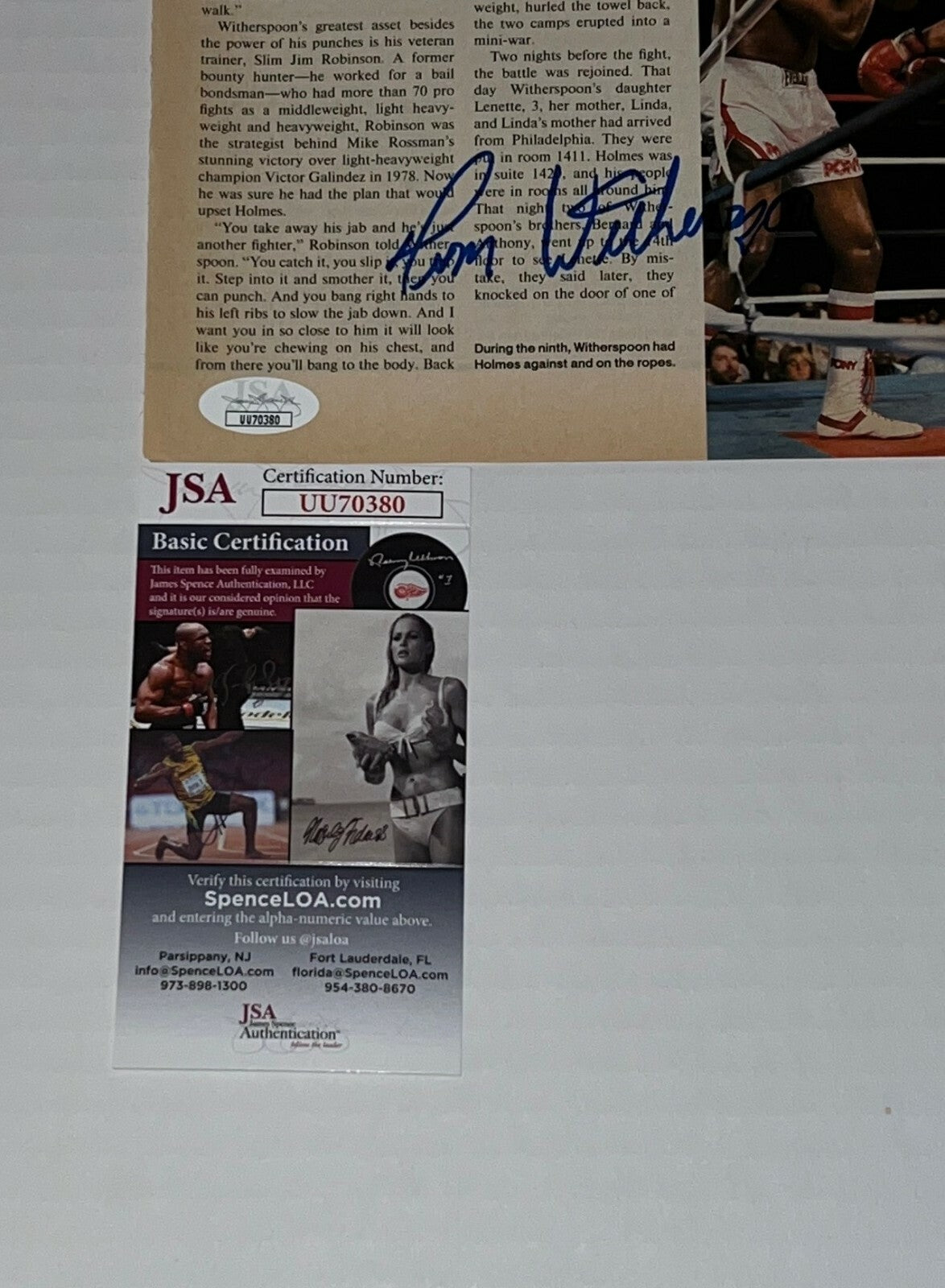 Terrible Tim Witherspoon signed Magazine Page Boxing Champ autographed JSA