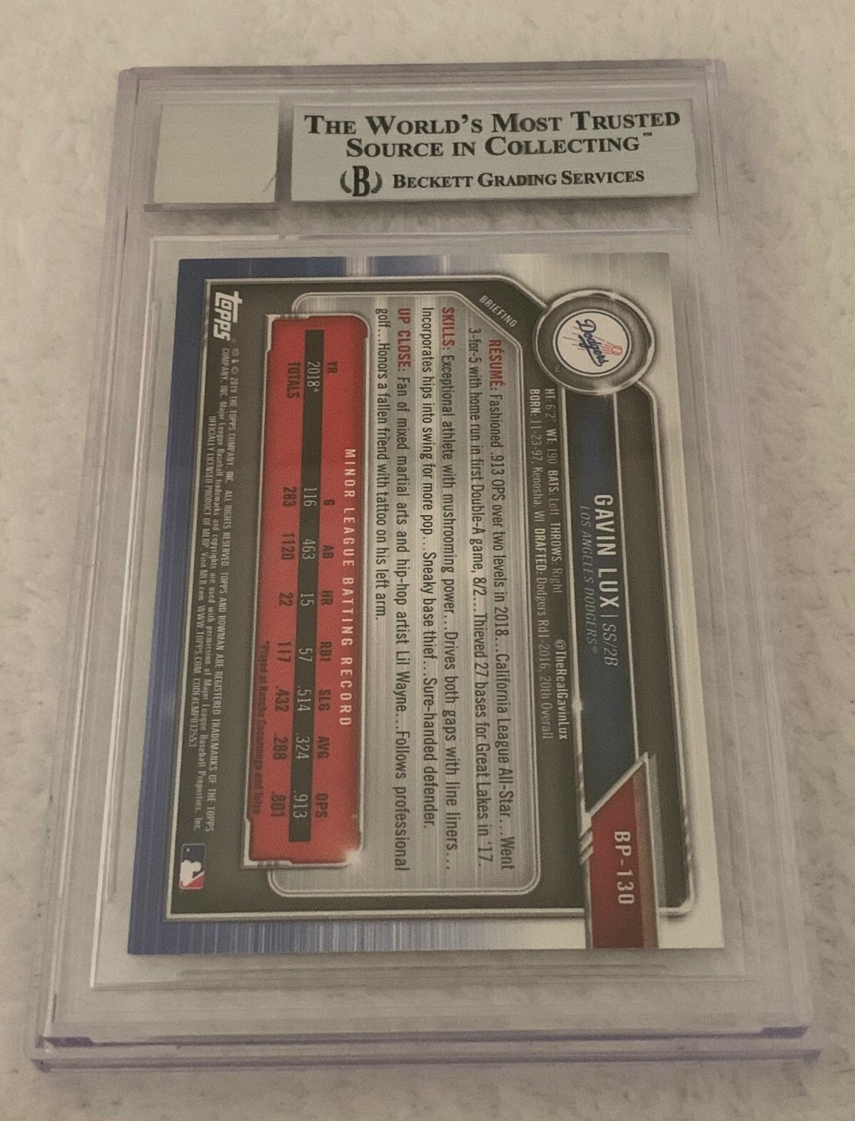 Gavin Lux LA Dodgers signed 2019 Bowman Prospects #130 Card Beckett BGS Auto 10