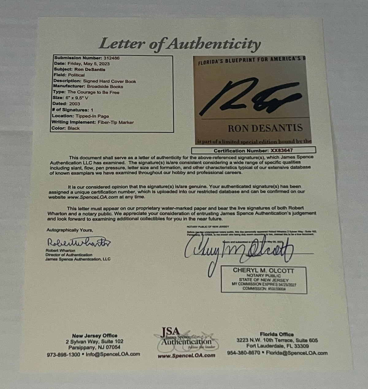 Ron DeSantis signed The Courage To Be Free First Edition Book JSA LOA
