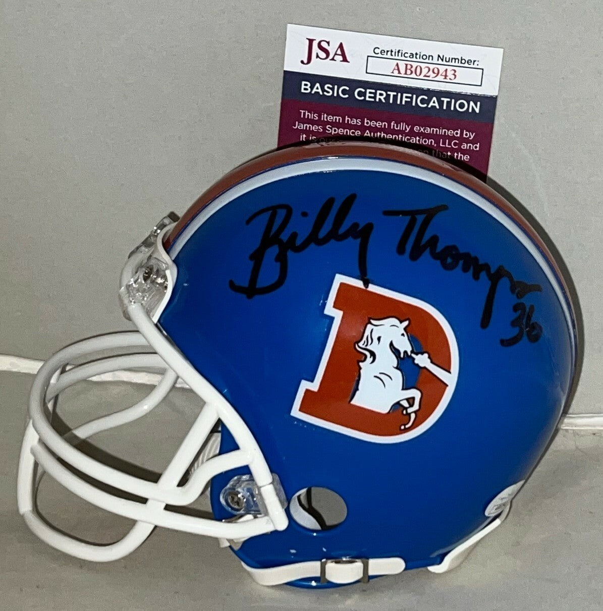 Billy Thompson signed Denver Broncos Throwback mini helmet autographed JSA