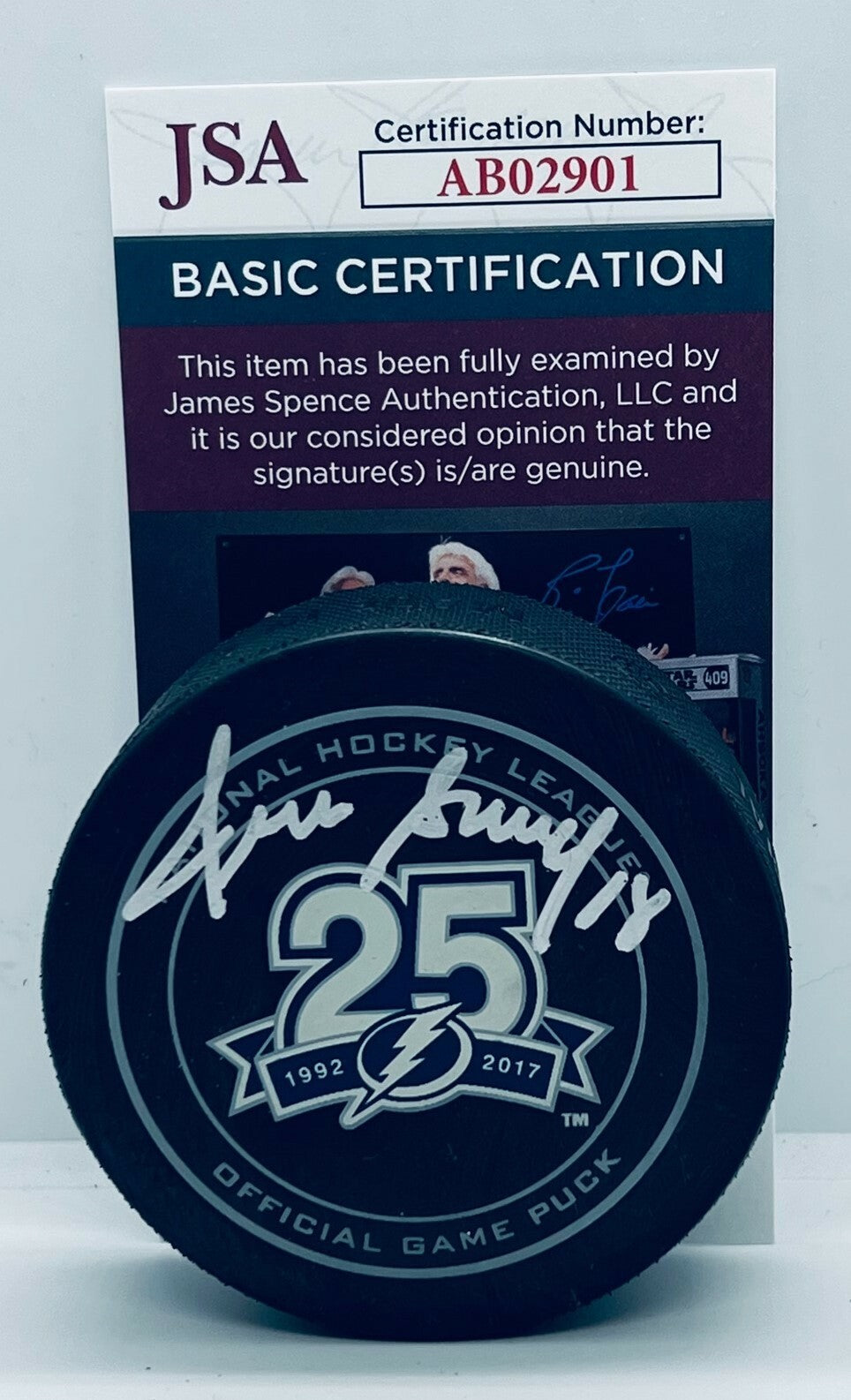 Denis Savard signed Tampa Bay Lightning 25th Anniversary Game Puck JSA