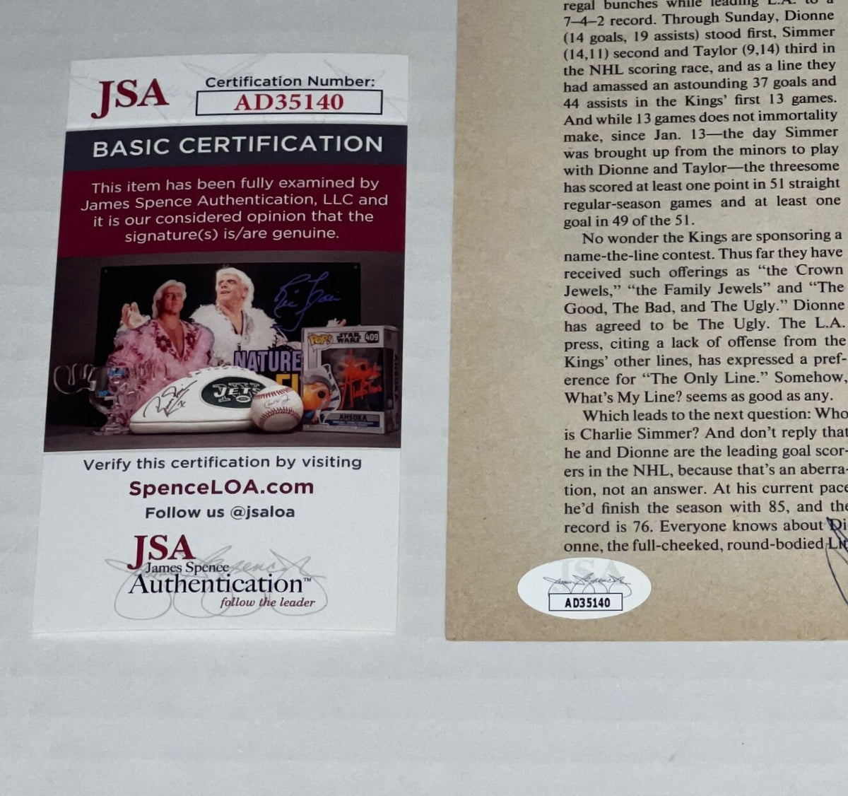 Marcel Dionne, Charlie Simmer & Dave Taylor LA Kings signed Magazine Page JSA