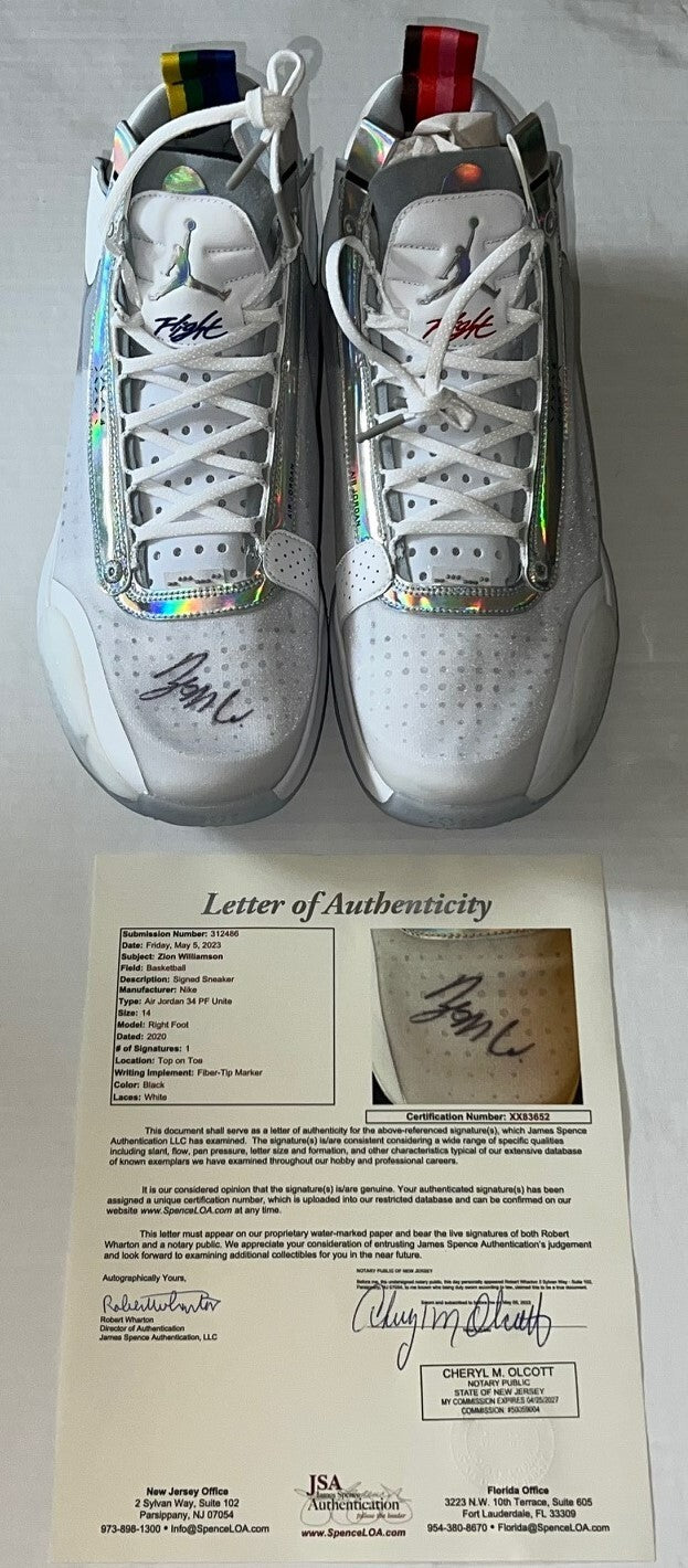 Zion Williamson New Orleans Pelicans signed Air Jordan XXXIV Unite Shoes JSA LOA