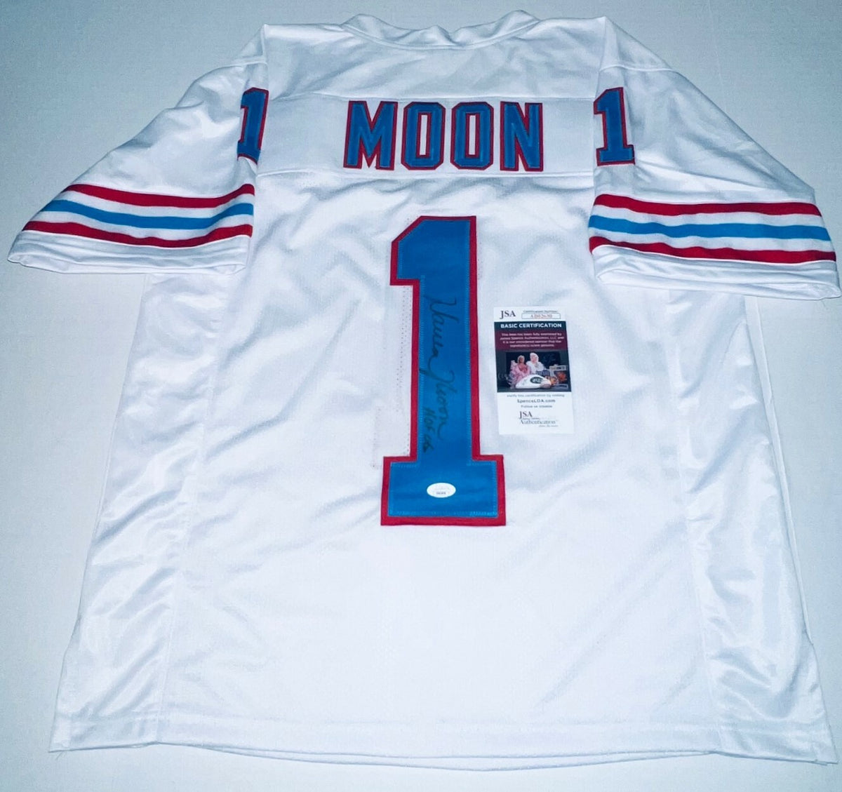 Warren Moon Houston Oilers signed White Custom jersey autographed W/ HOF Ins JSA
