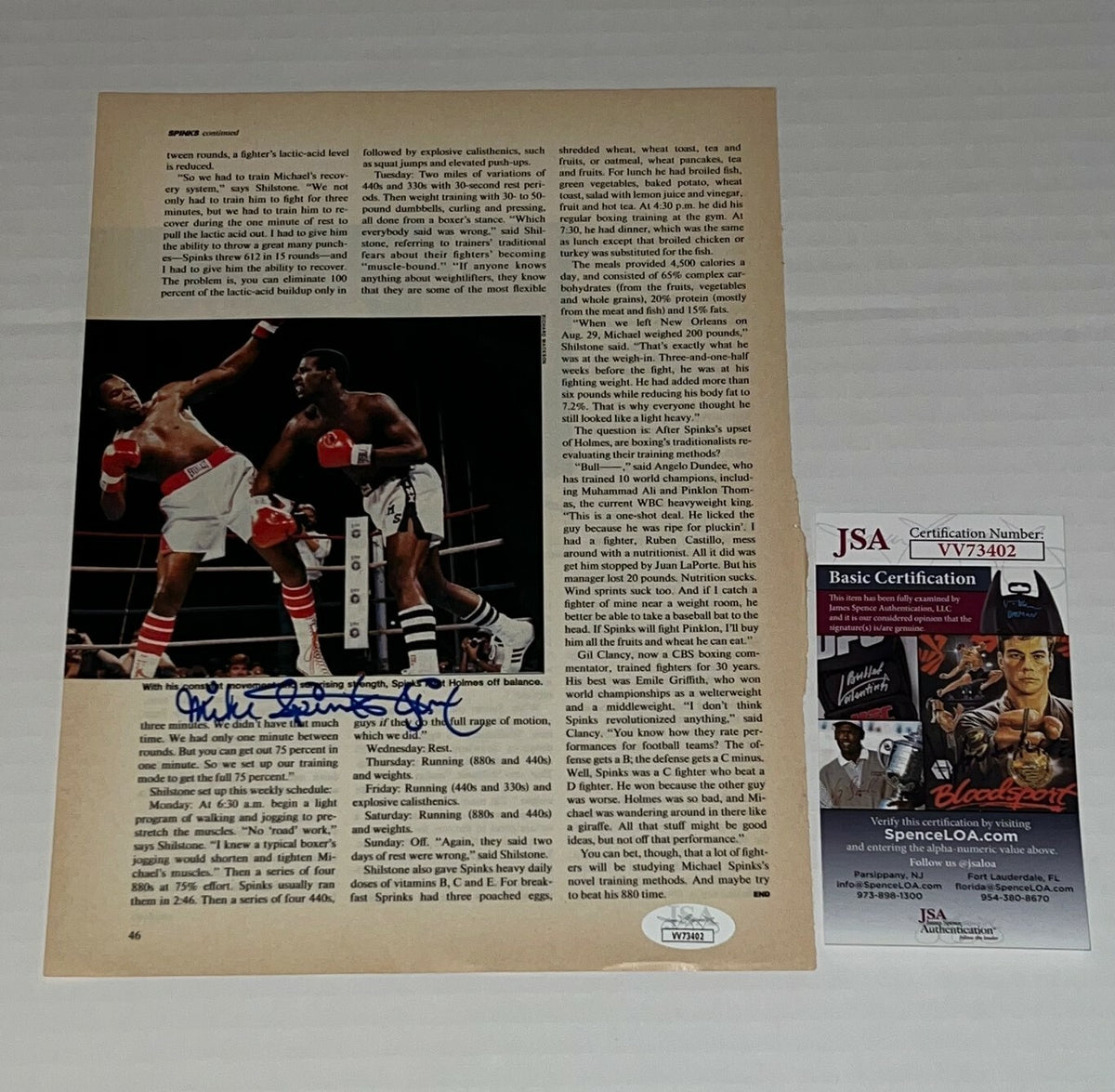 Michael Spinks Jinx signed Magazine Page Boxing Champ autographed 6 JSA