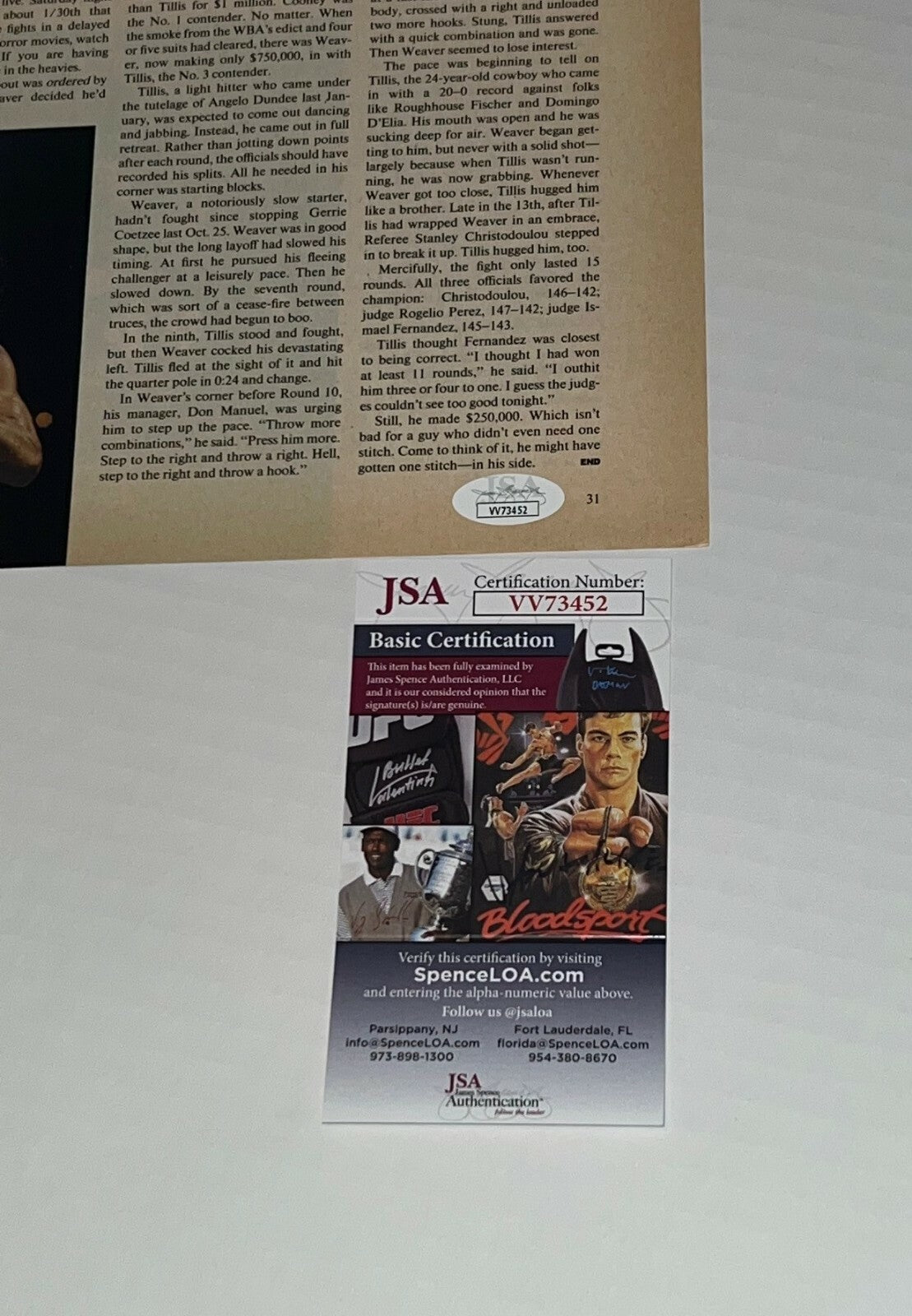 Mike Weaver Hercules signed Magazine Page Boxing Champ autographed JSA