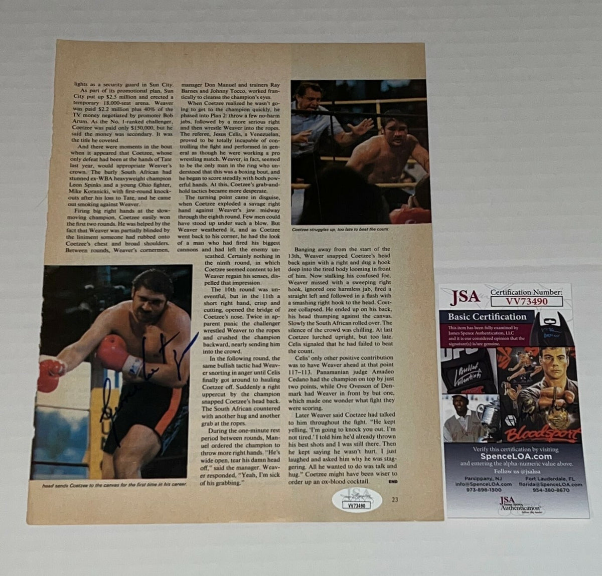 Gerrie Coetzee signed Magazine Page Boxing Champ autographed 3 JSA