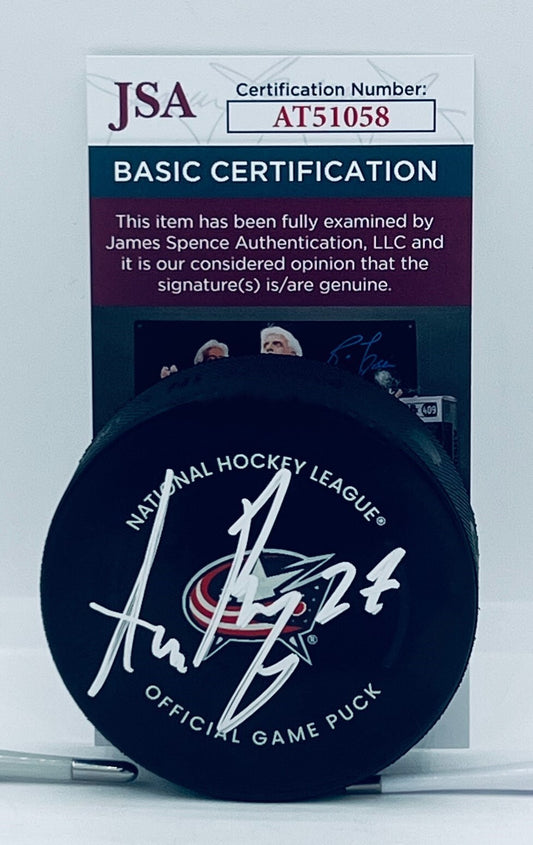 Adam Boqvist signed Columbus Blue Jackets Official Game Puck autographed JSA COA