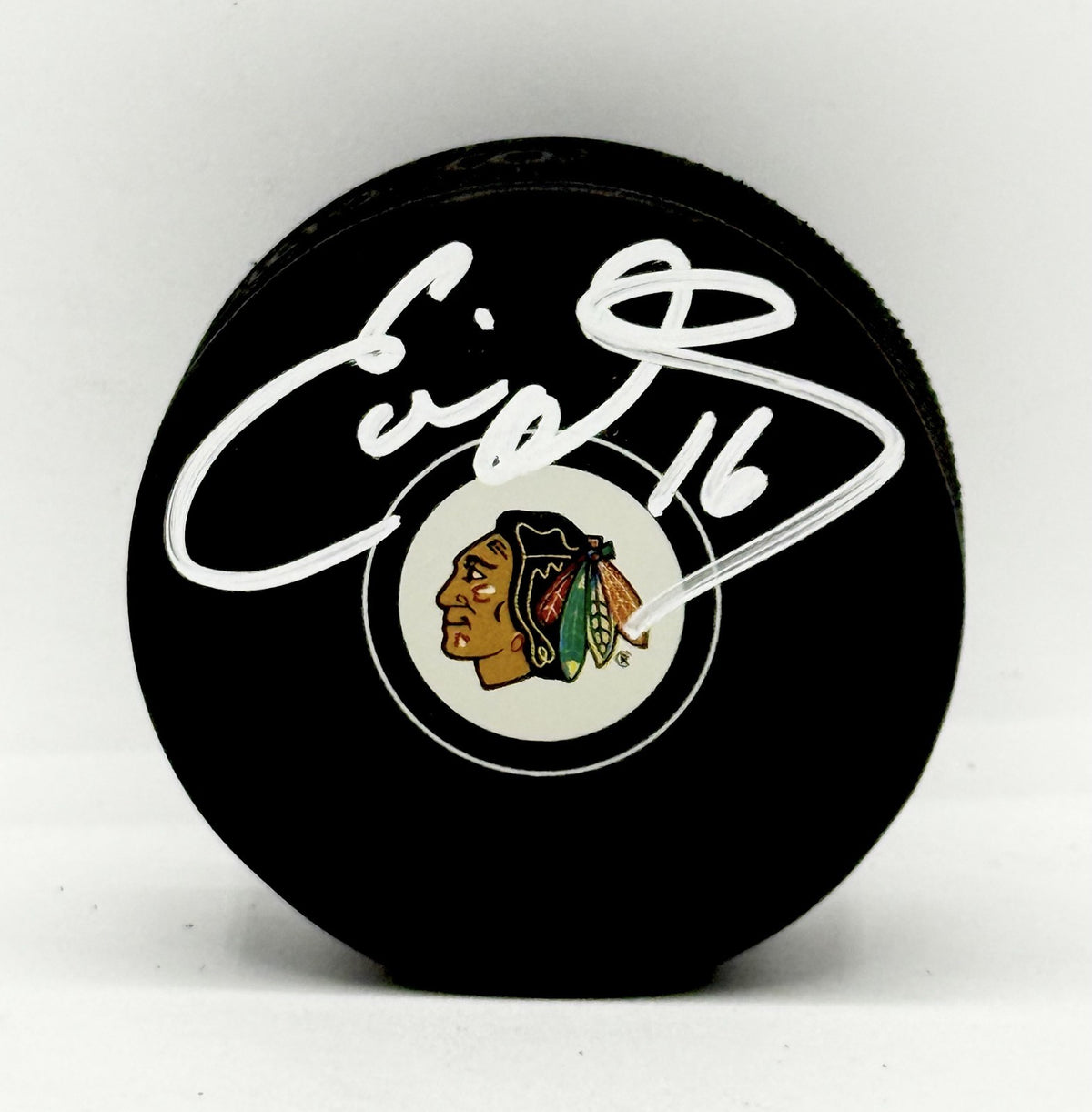 Eddie Olczyk signed Chicago Blackhawks Logo Puck autographed JSA Witnessed