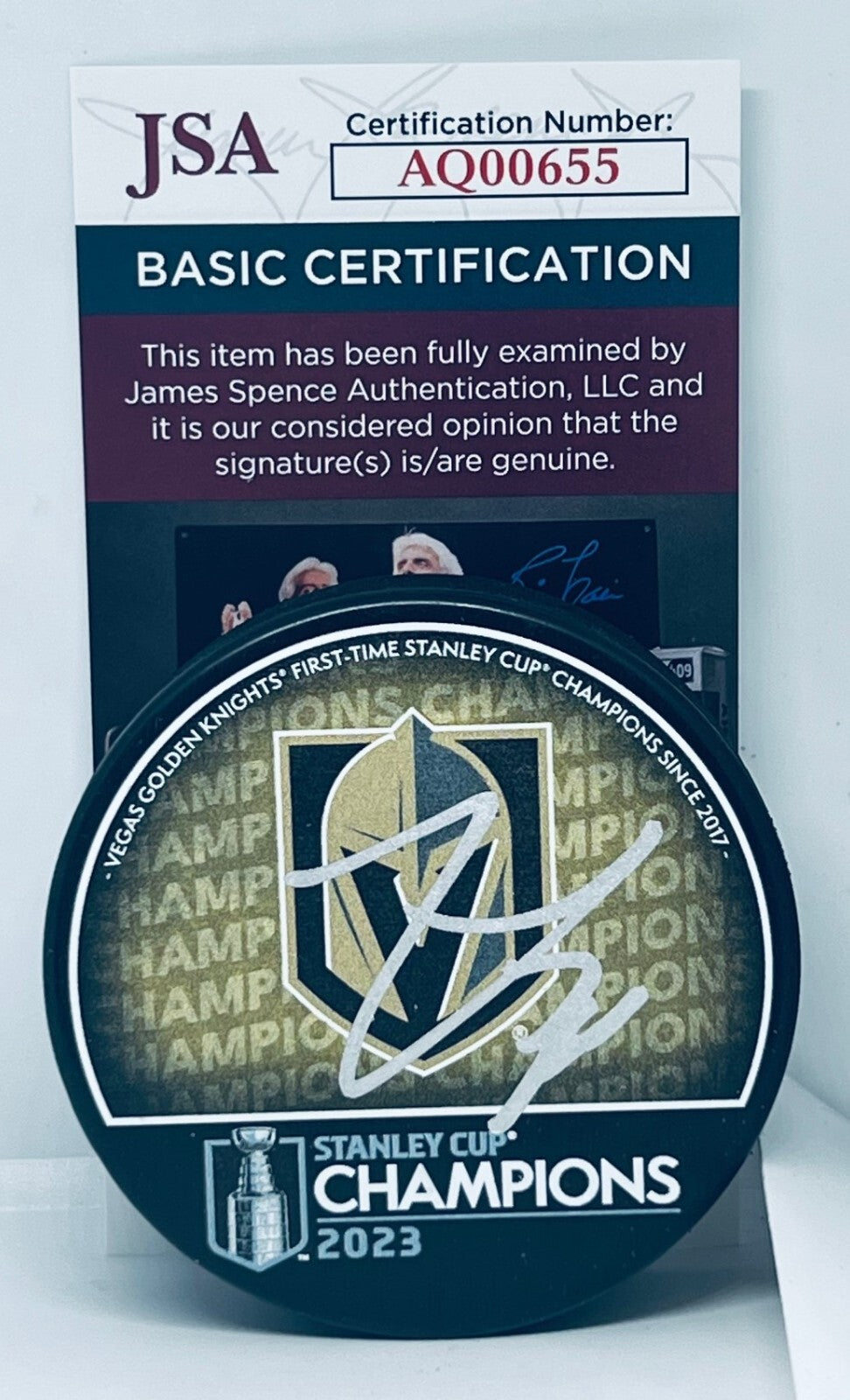 Logan Thompson signed Vegas Golden Knights 2023 Stanley Cup Champs puck JSA
