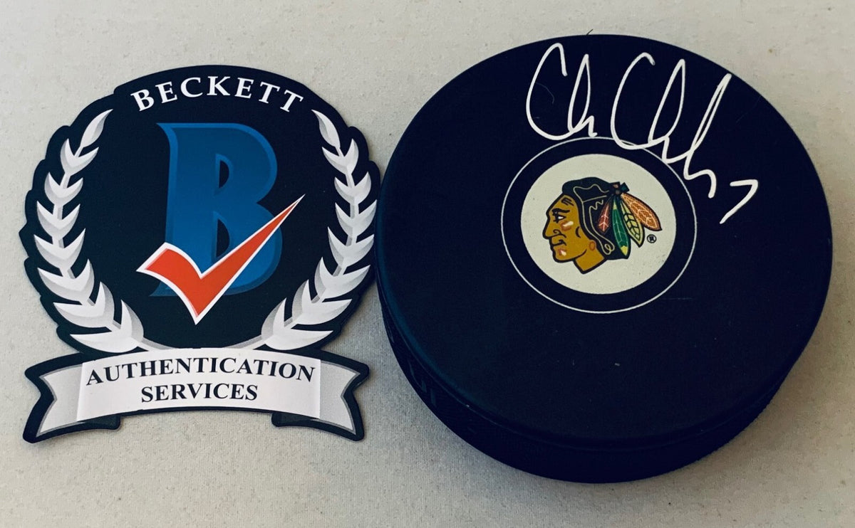 Chris Chelios signed Chicago Blackhawks Puck autographed Hawks Beckett Witnessed