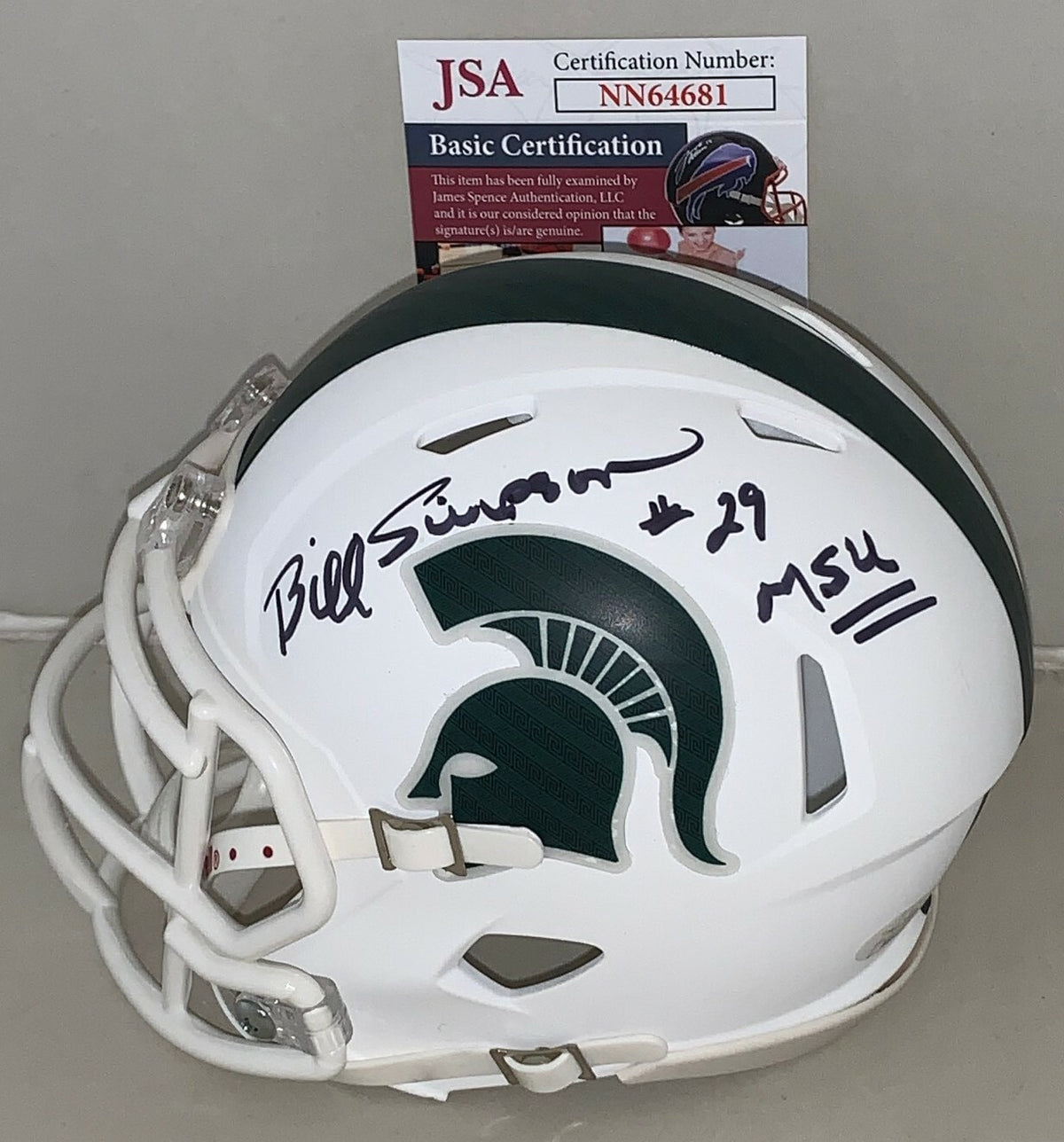 Bill Simpson signed Michigan State Spartans White mini helmet autographed JSA