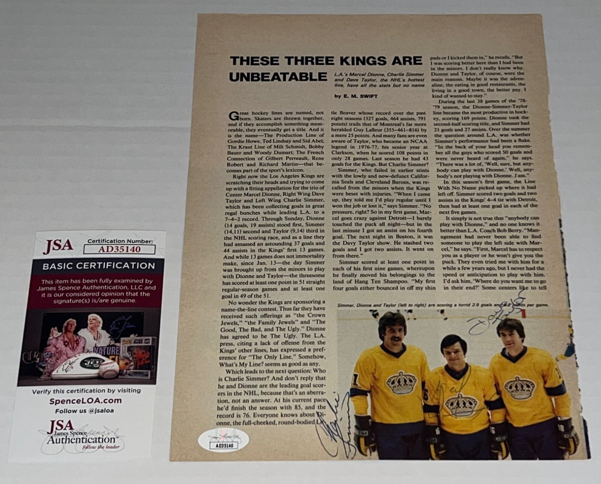 Marcel Dionne, Charlie Simmer & Dave Taylor LA Kings signed Magazine Page JSA