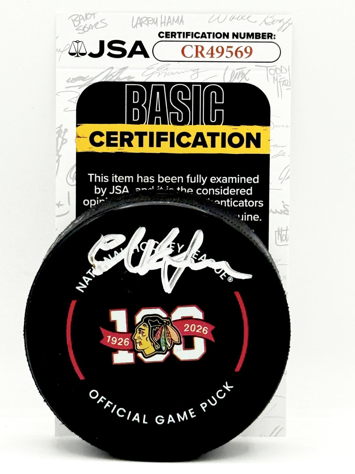 Ed Belfour signed Chicago Blackhawks 100th Anniversary Game Puck autographed JSA