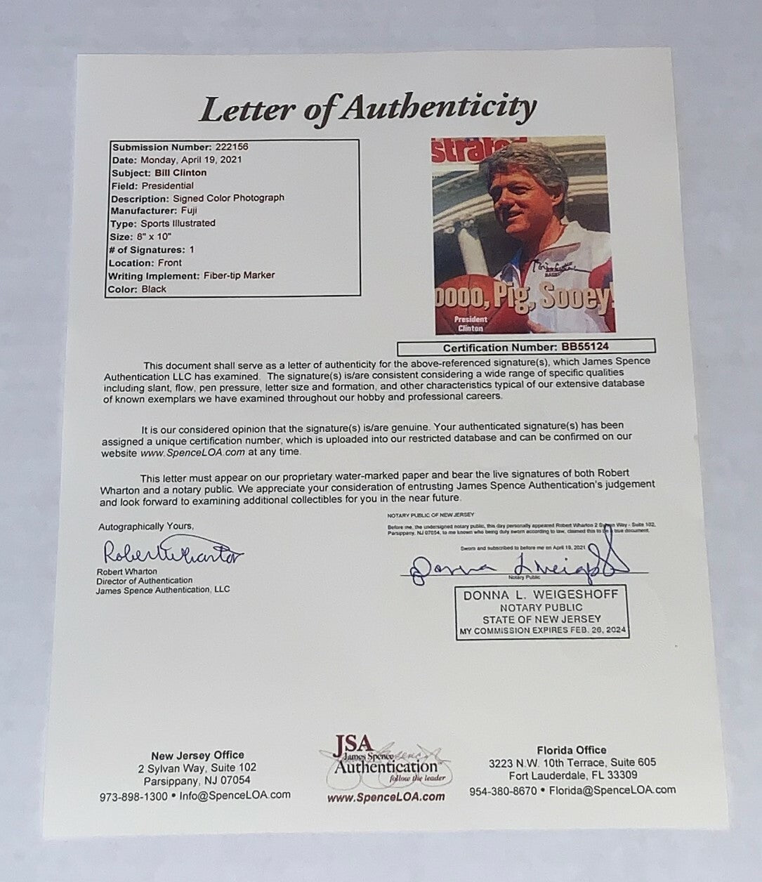Bill Clinton signed Razorbacks Sports Illustrated Cover 8x10 photo JSA Full LOA