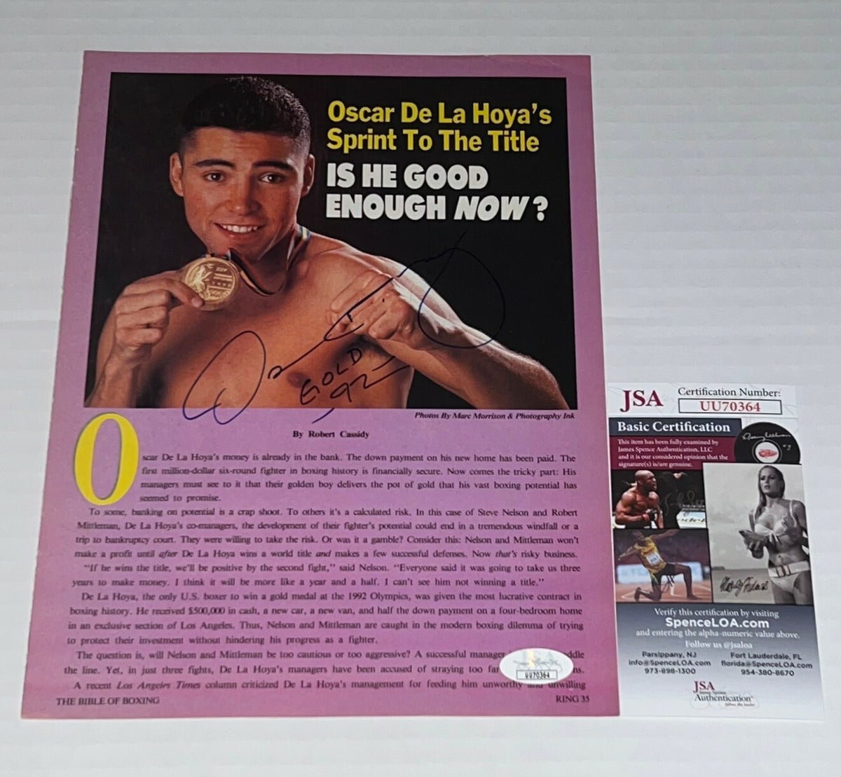 Oscar De La Hoya signed Vintage Magazine Page Boxing Champ autographed JSA