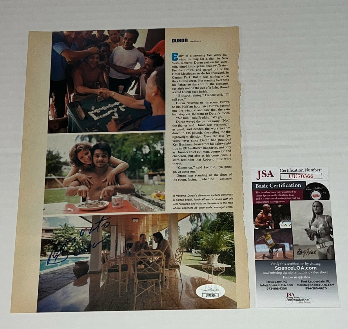 Roberto Duran signed Magazine Page Boxing Champ autographed JSA