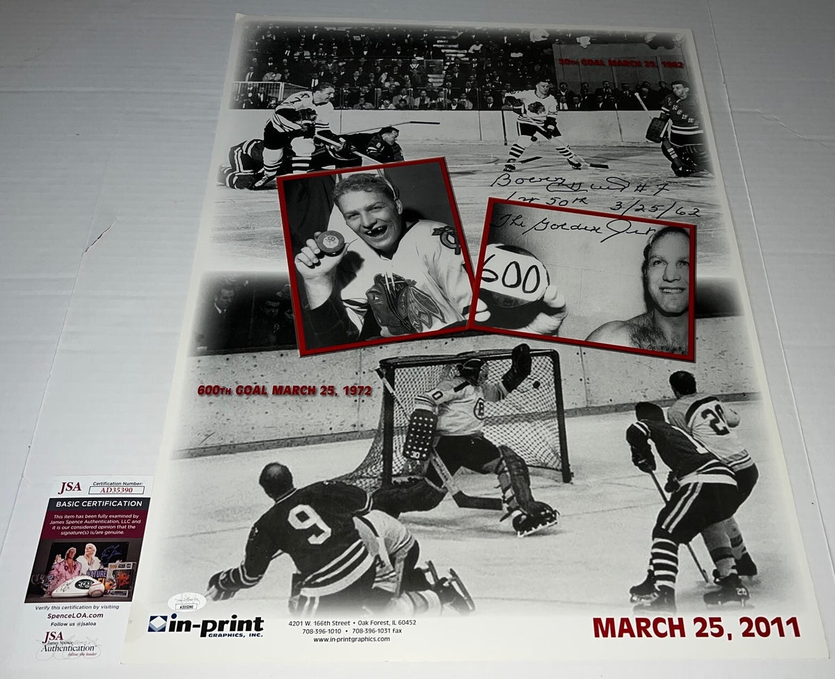 Bobby Hull signed Chicago Blackhawks 24x18 Poster W Inscriptions autographed JSA