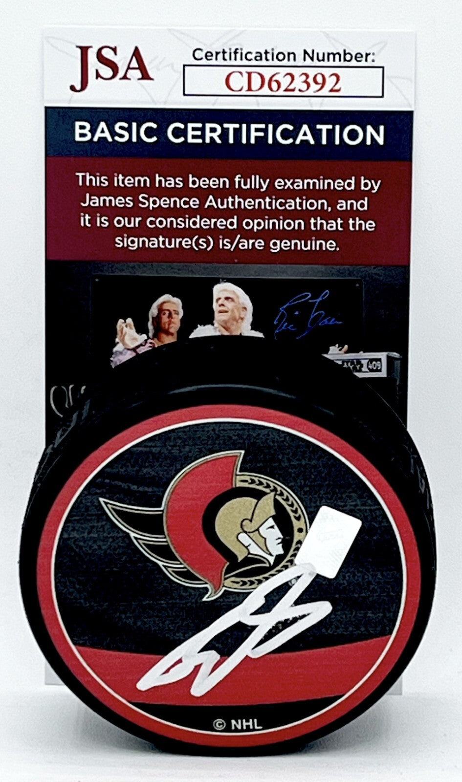 Ridly Greig signed Ottawa Senators Reverse Retro Puck autographed #2 JSA