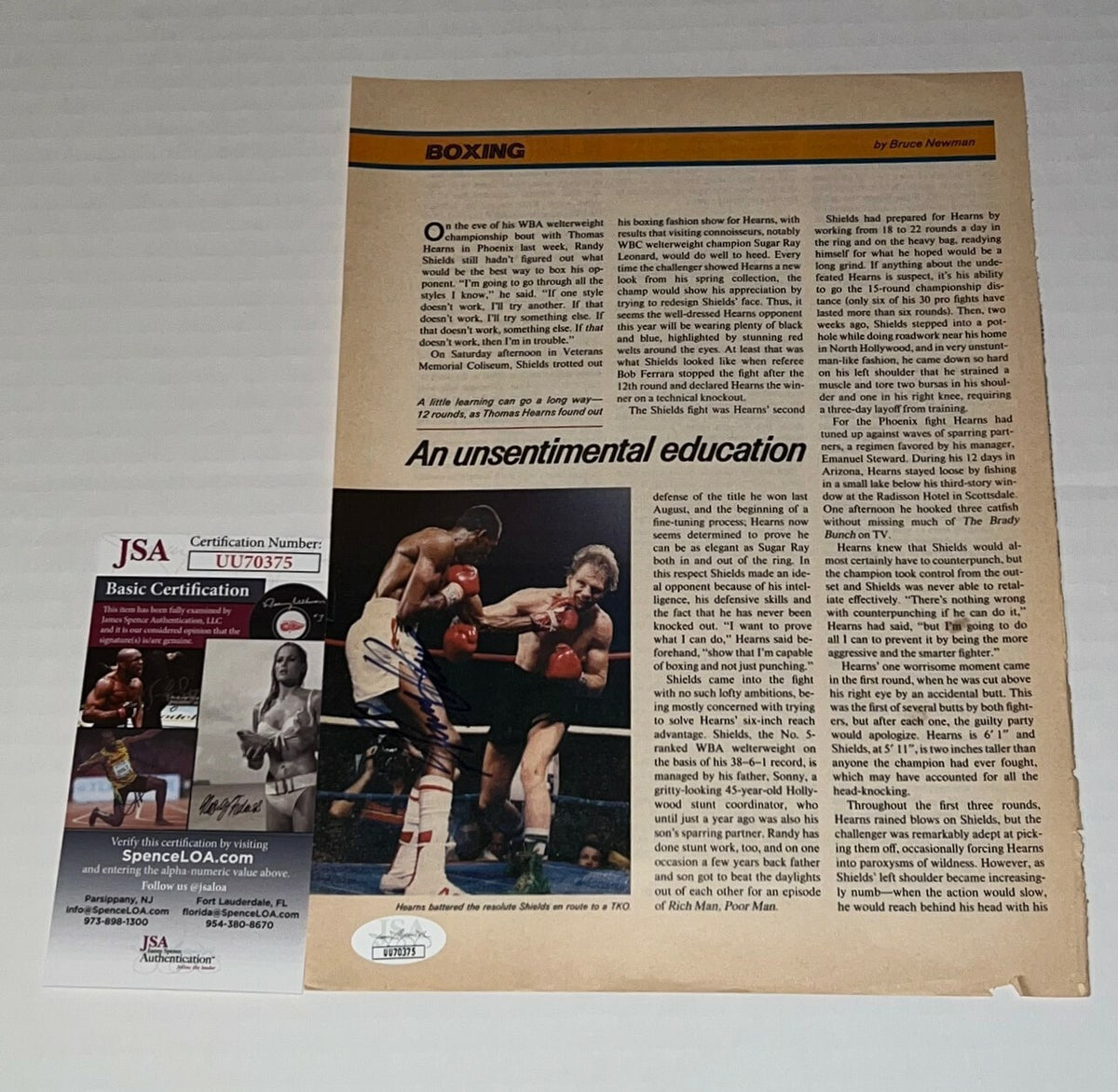 Thomas Hearns The Hitman signed Magazine Page Boxing Champ autographed 4 JSA