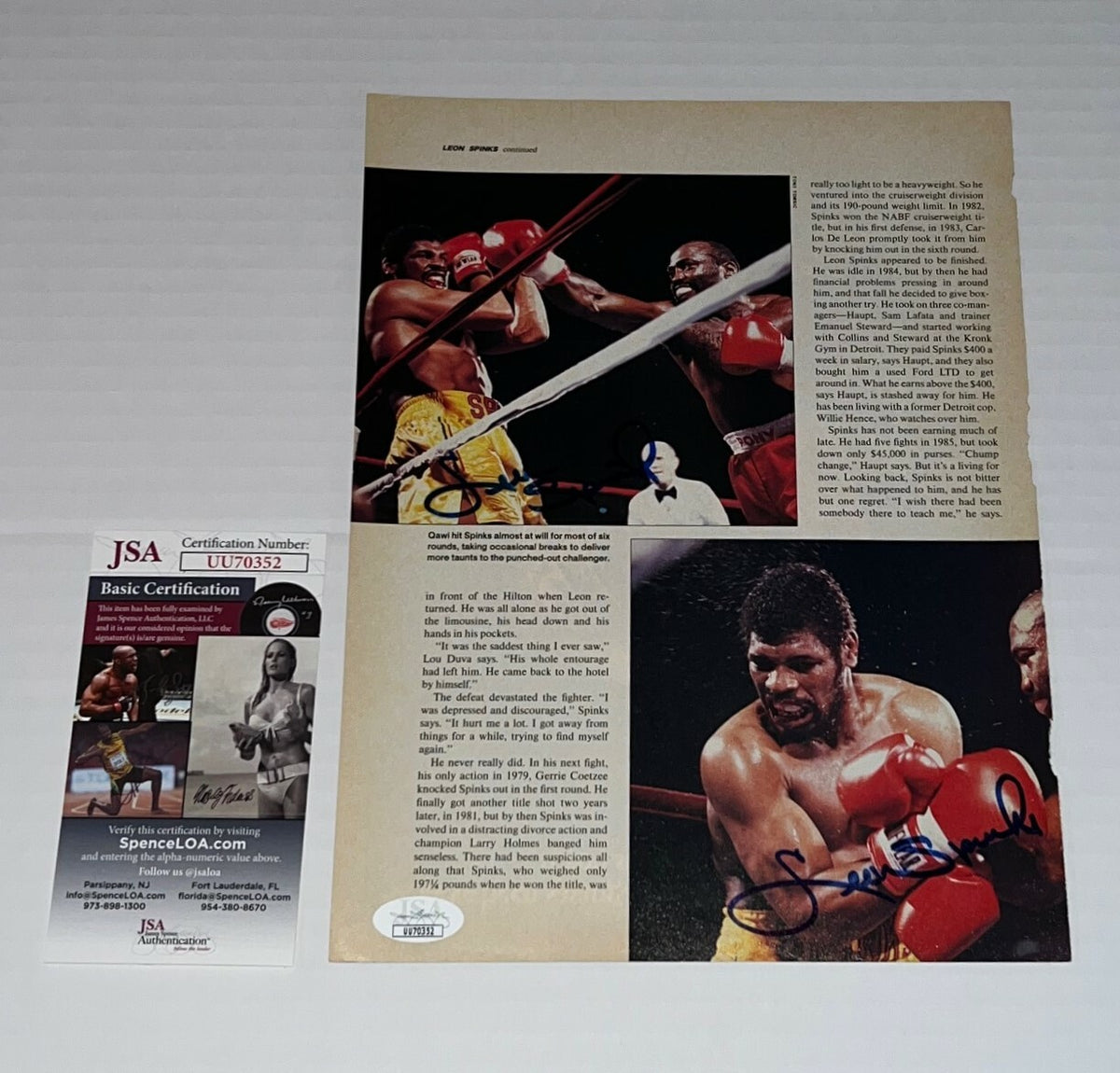 Leon Spinks signed Boxing Magazine Page Heavyweight Champ autographed 4 JSA