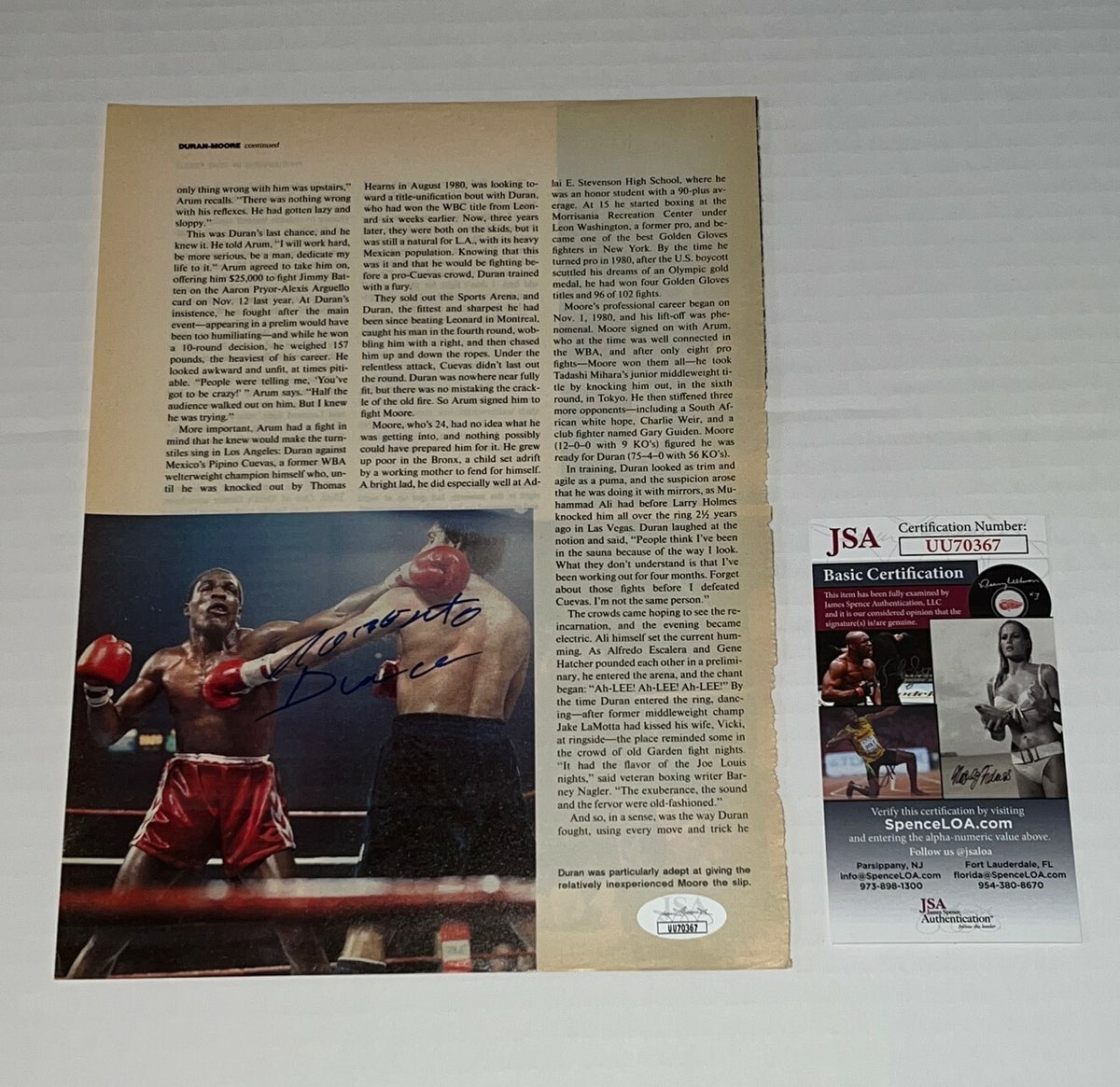 Roberto Duran signed Magazine Page Boxing Champ autographed 2 JSA