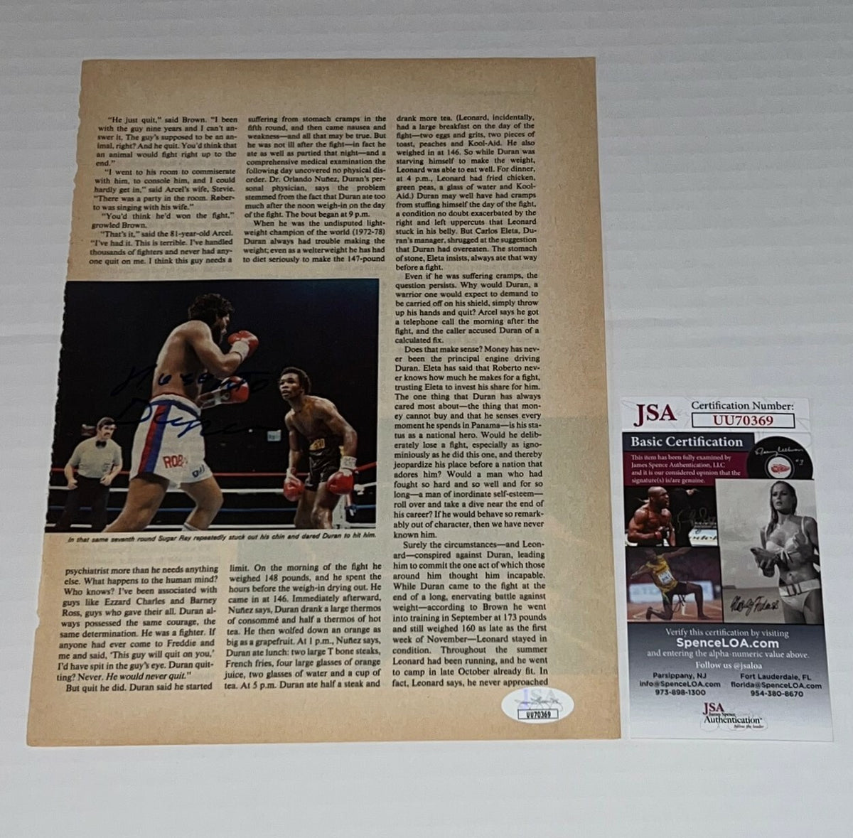 Roberto Duran signed Magazine Page Boxing Champ autographed 4 JSA