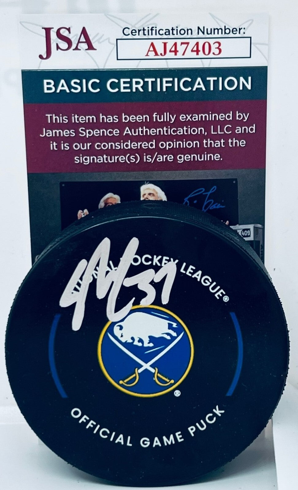 Casey Mittelstadt signed Buffalo Sabres Official Game Puck autographed JSA