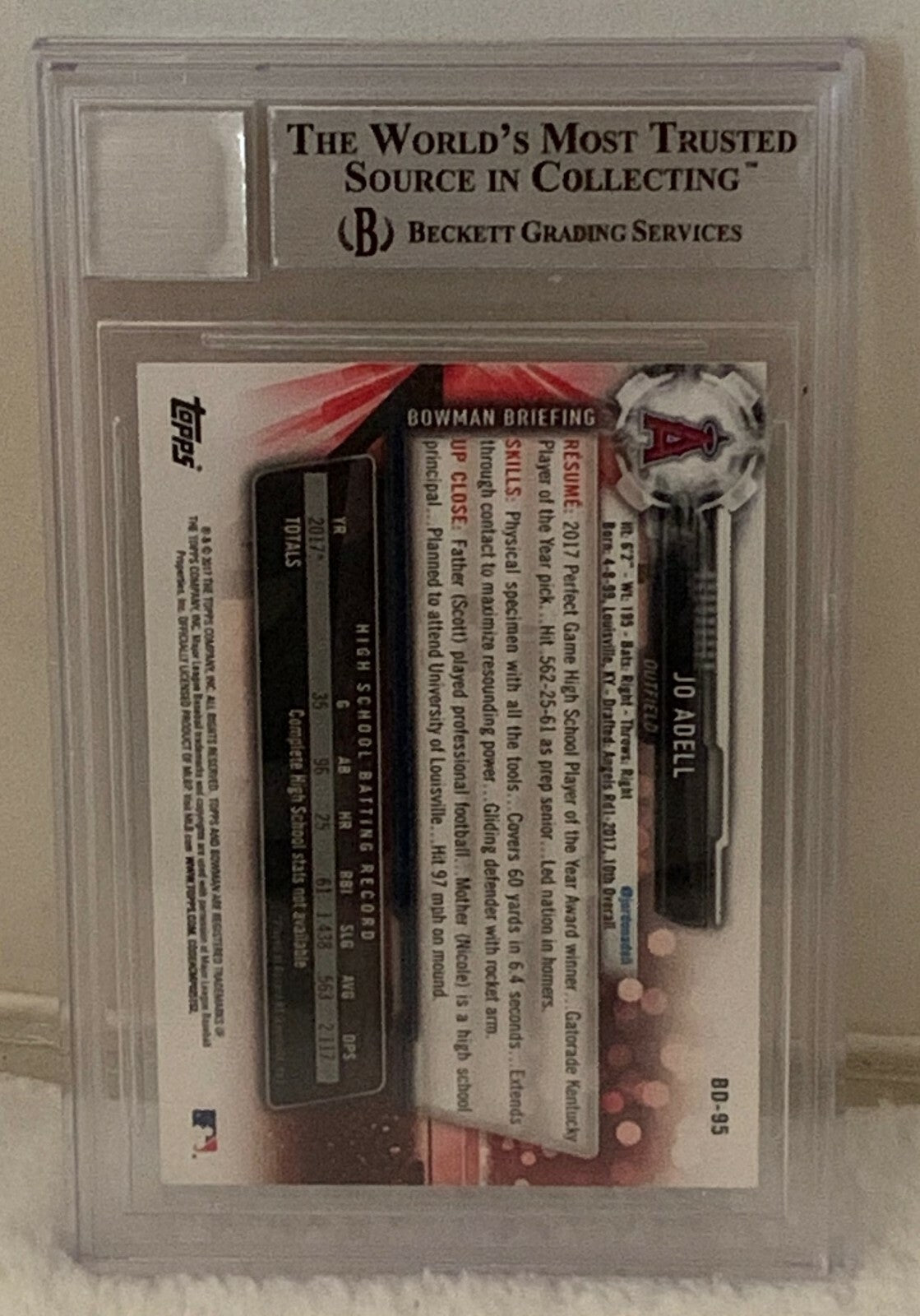 Jo Adell Angels signed 2017 Bowman Draft #BD95 Rookie Card Beckett BGS Auto 10